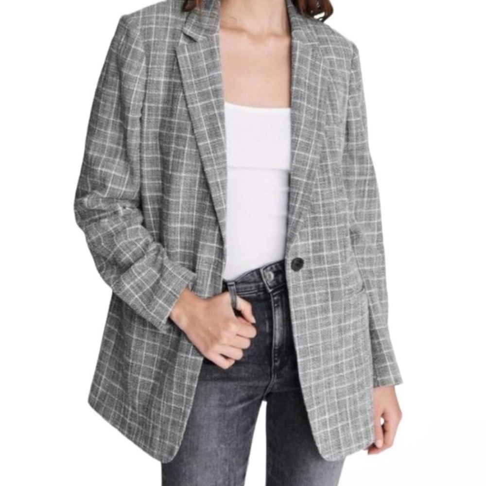 Rag & Bone Ames Blazer Jacket Textured Gray Checked Plaid Cotton Preppy